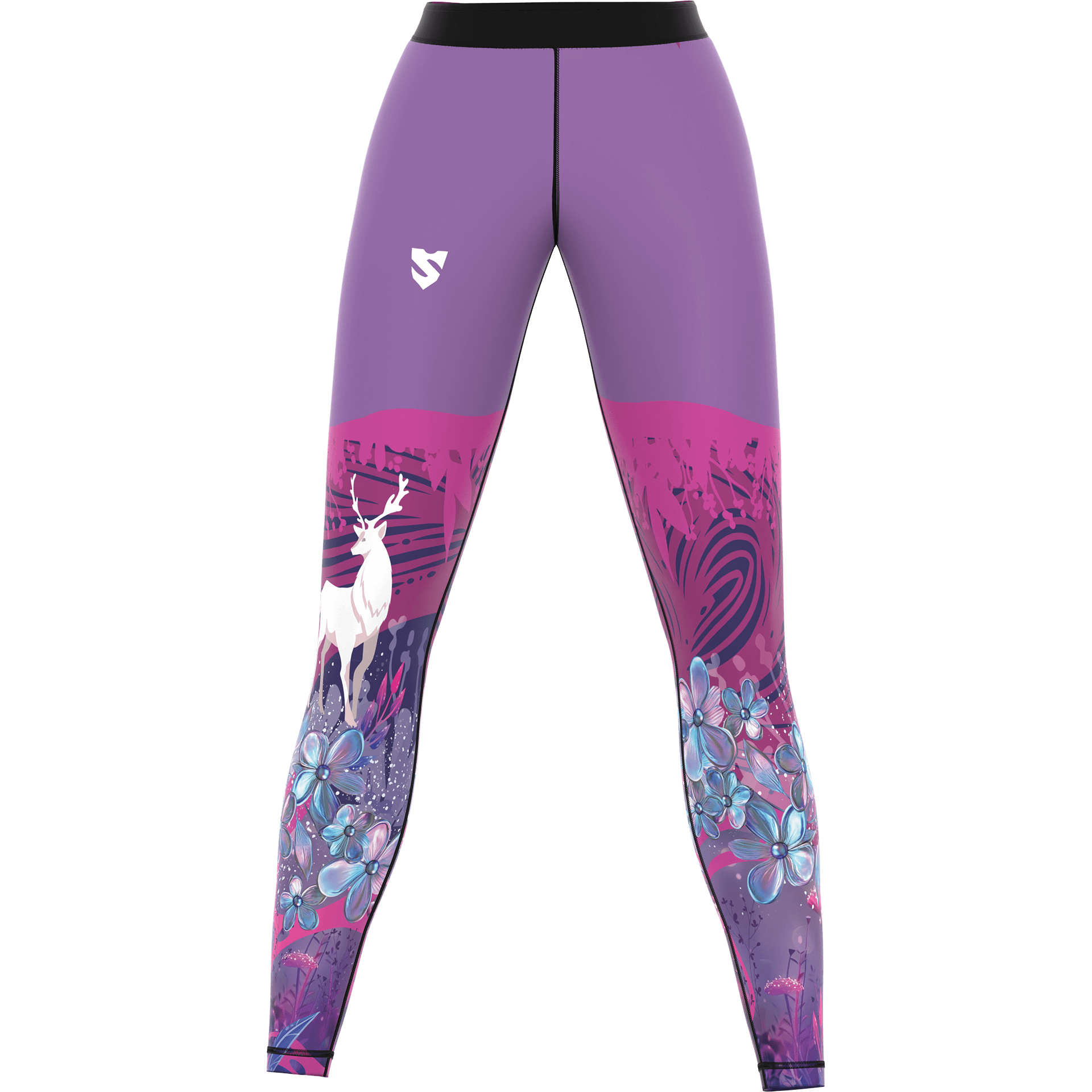 Damskie legginsy sportowe długie fioletowe z motywem roślinnym – SMMASH FAIRYTALE
