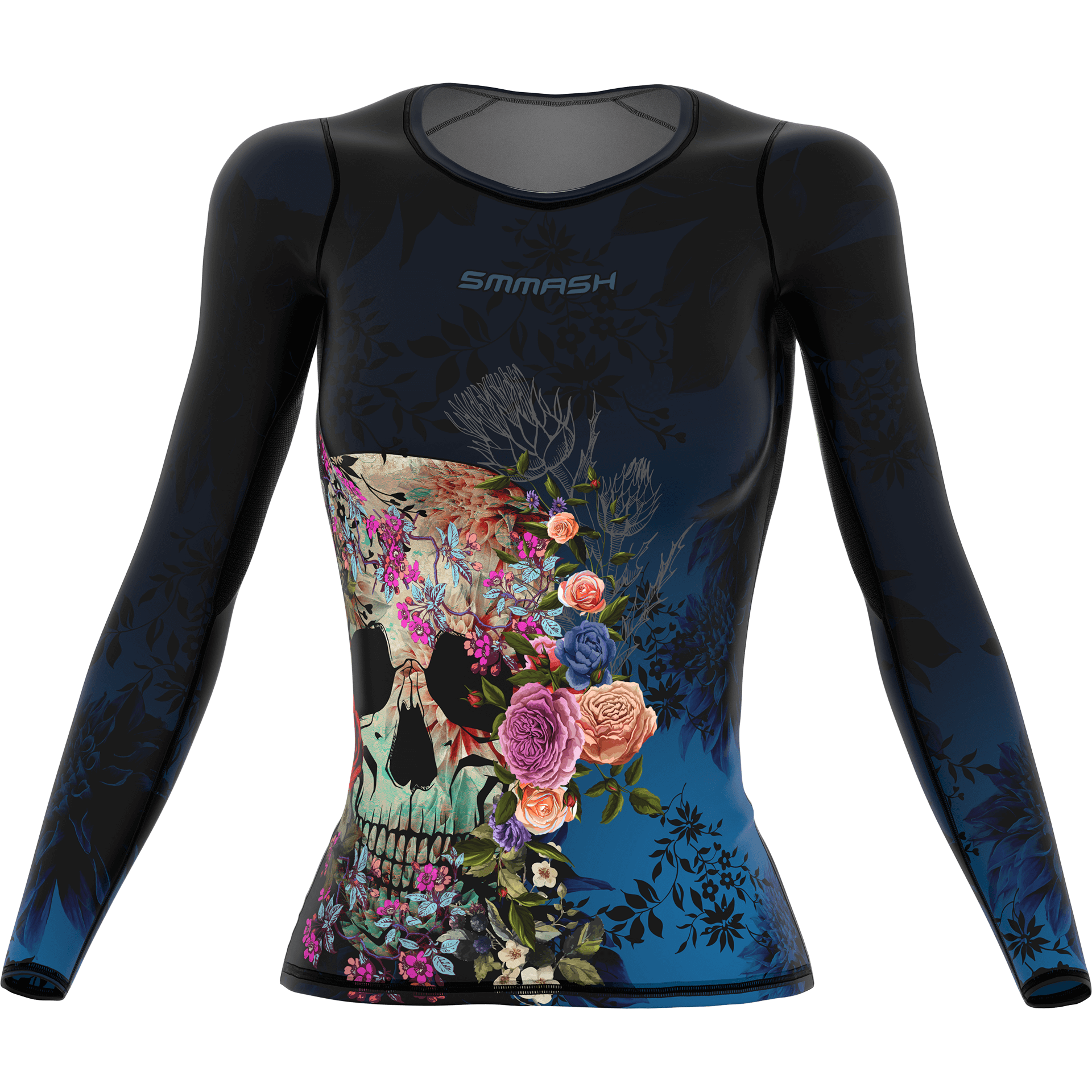 Damska koszulka kompresyjna – czarna kwiaty i czaszka - SMMASH MUERTE