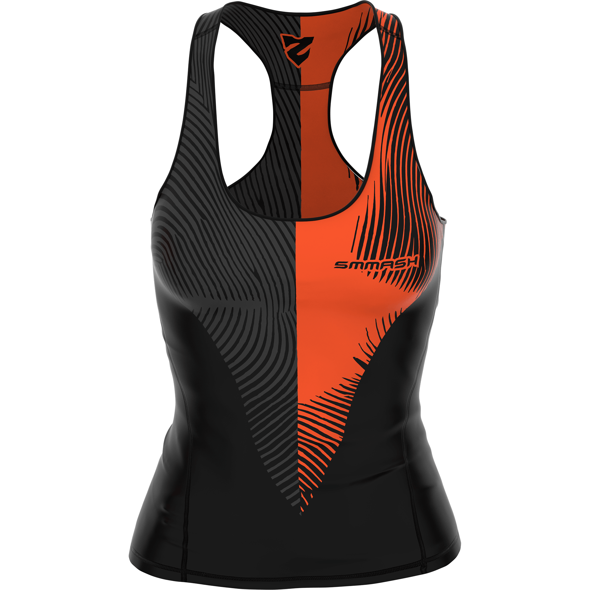 Tank top damski czarno-pomarańczowy z dynamicznym wzorem – SMMASH SPLIT
