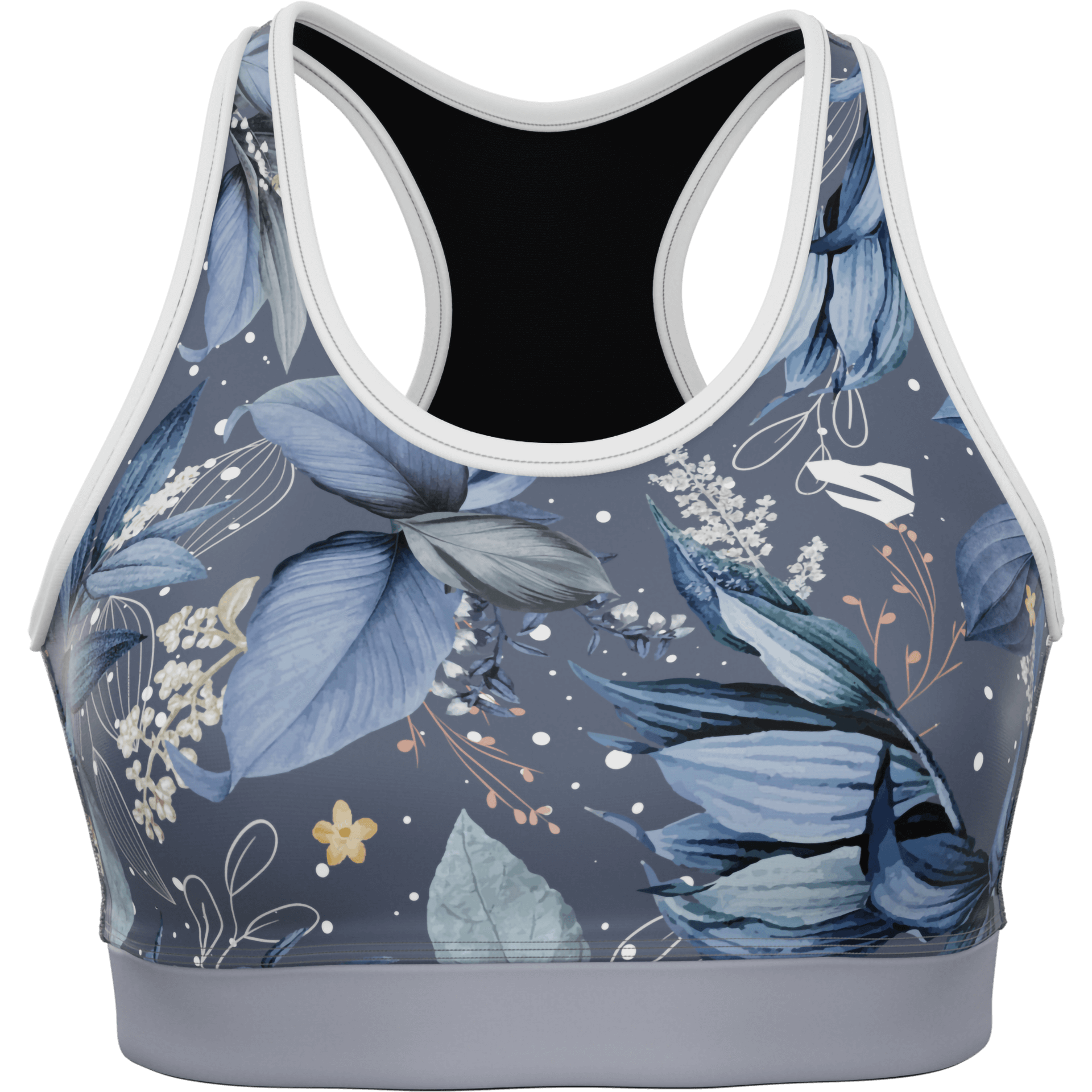 Damski top sportowy Push Up w kwiaty niebiesko-szare – SMMASH WINTER LEAVES