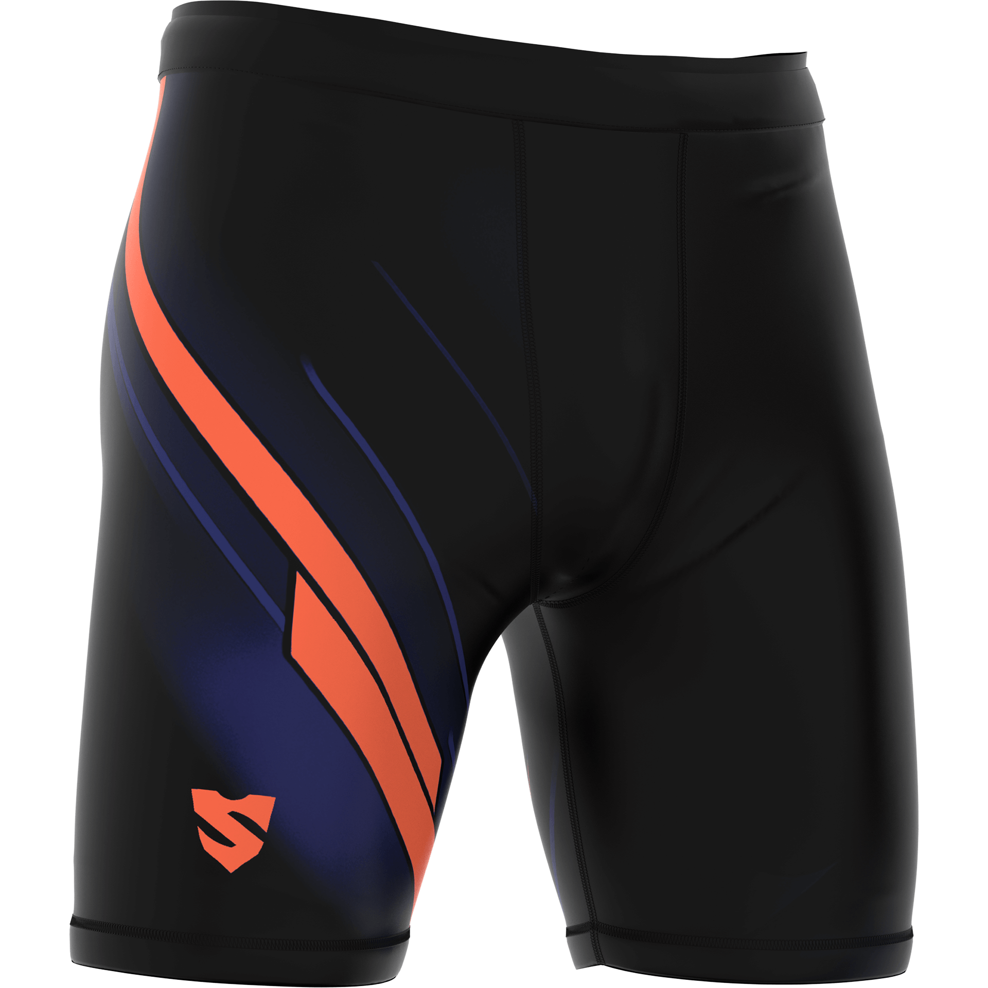 Krótkie legginsy do biegania i OCR – Czarne z niebieskimi i pomarańczowymi paskami LINER